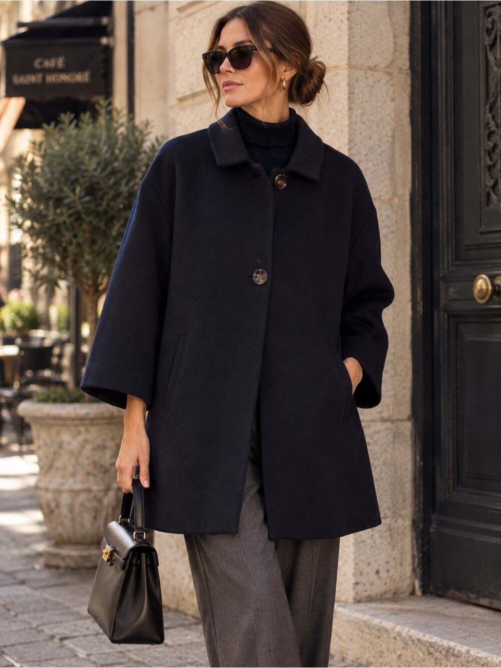 Elie Tahari Deep Navy Wool Blend Coat Oversized Minimalist Quiet Luxury Chic